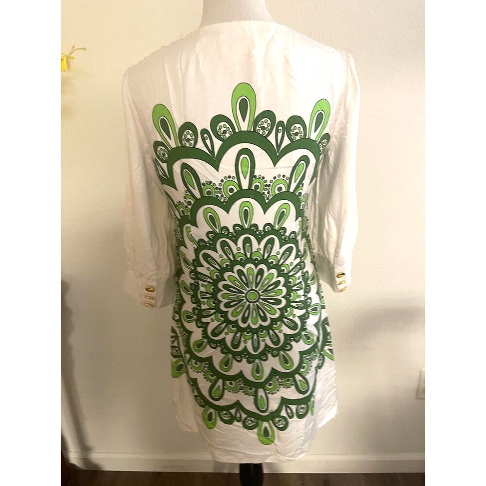 Vintage 90s MILLY Silk Dress Womens Size 6 Green White Mandala Graphic Lined Mod - Picture 3 of 8
